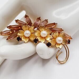 Vintage Floral Brooch, Faux Pearl Flowers, Open Back Rhinestones, 2 1/2"